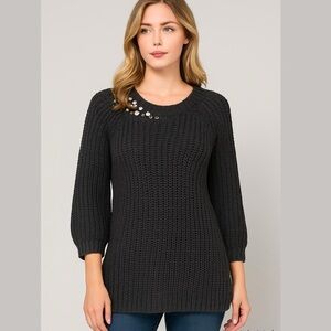 AUGUST MOON - Black 3/4 Sleeve RHINESTONE Beaded Chunky Sweater Womens Medium M